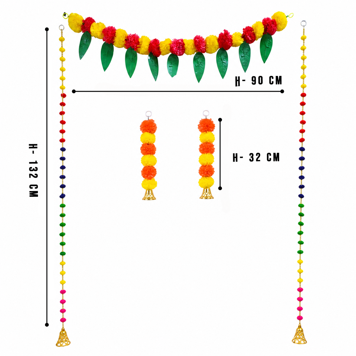 Artificial Marigold Door Toran with Colorful Pom-Pom Strings – Festive Decorative Hanging for Diwali, Weddings, and Home Entrance Combo