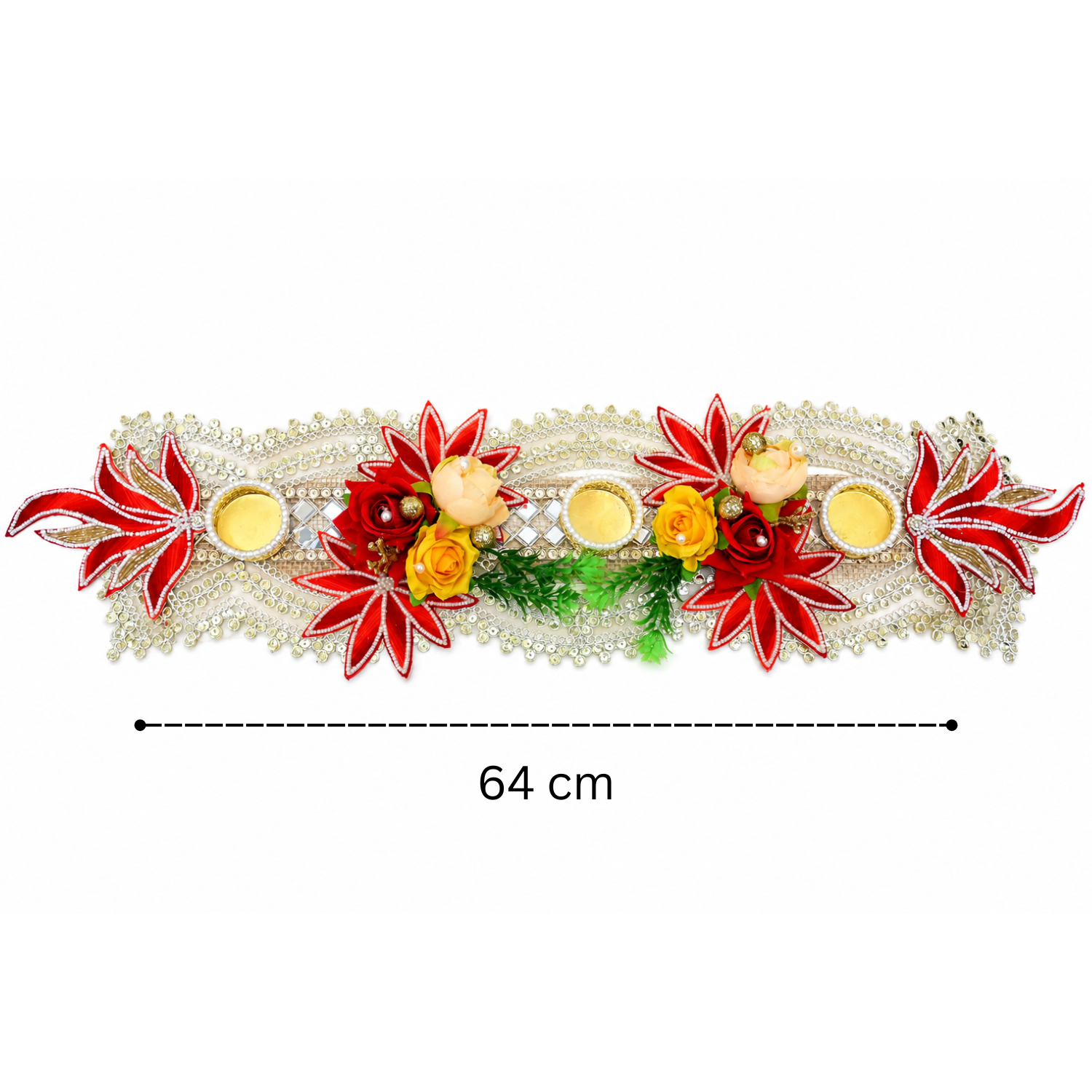 Decorative Tealight Candle Holder Table Runner for Home Decor – Handcrafted Floral Diya Stand with Mirror Work and Pearls for Diwali, Pooja, and Festive Gifting (64 cm)