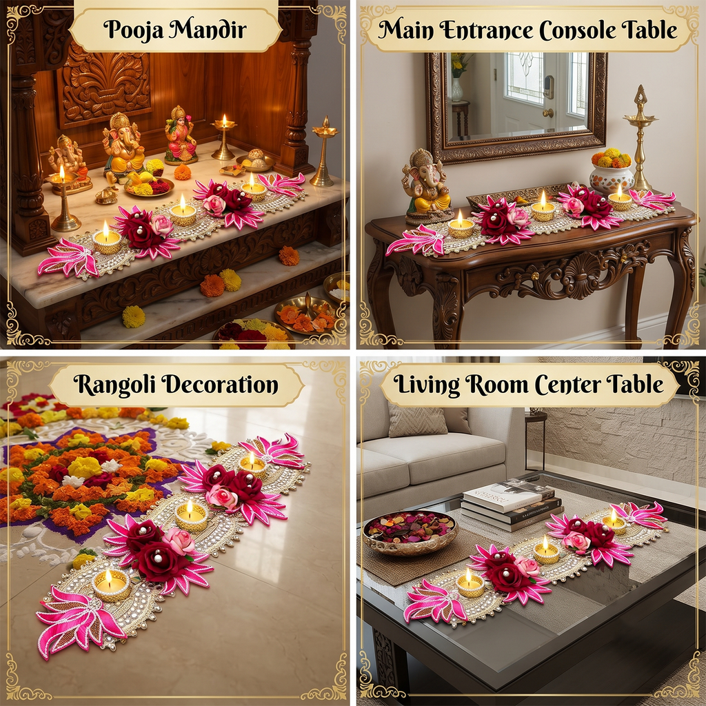 Pink Decorative Tealight Candle Holder Table Runner – 55 cm Handcrafted Floral Diya Stand with Mirror & Pearl Work for Diwali, Pooja & Home Decor
