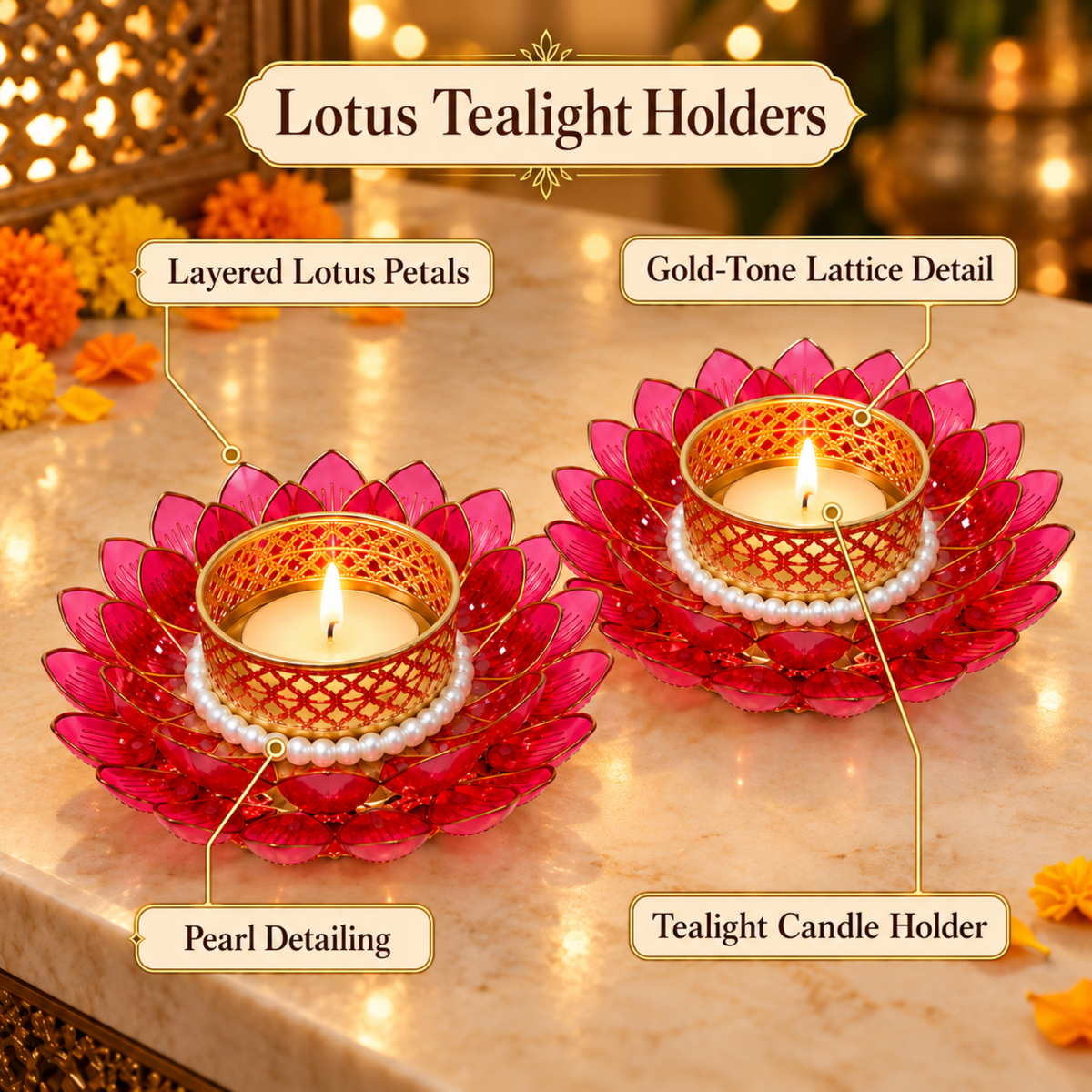 Lotus Shaped T-light Candle Holder 9 cm (Pack of 2 Red)