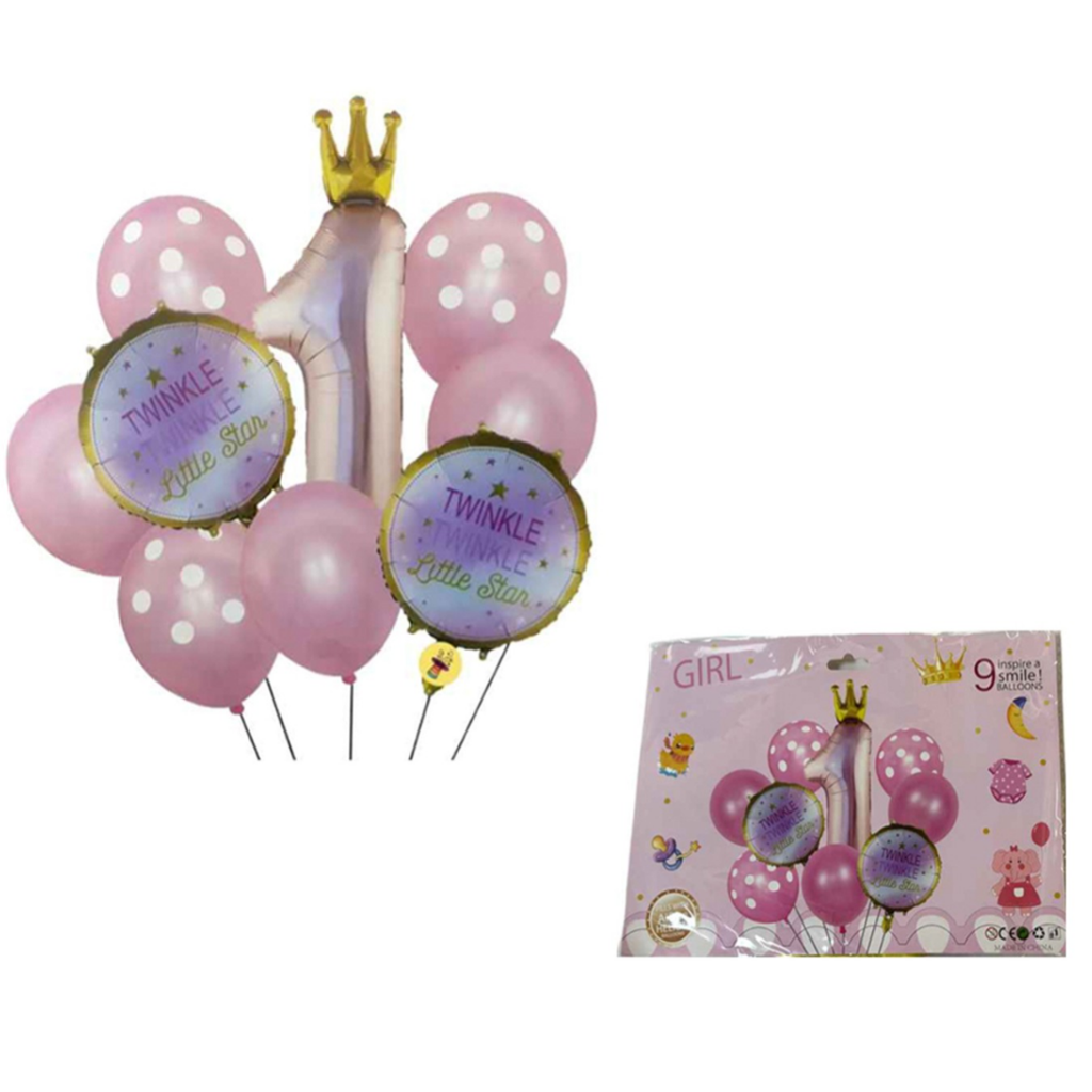 Pink 1st Birthday Balloon Set with Crown Number 1 Foil Balloon – Twinkle Twinkle Little Star Theme Party Supplies for Girls (Pack of 10) 3