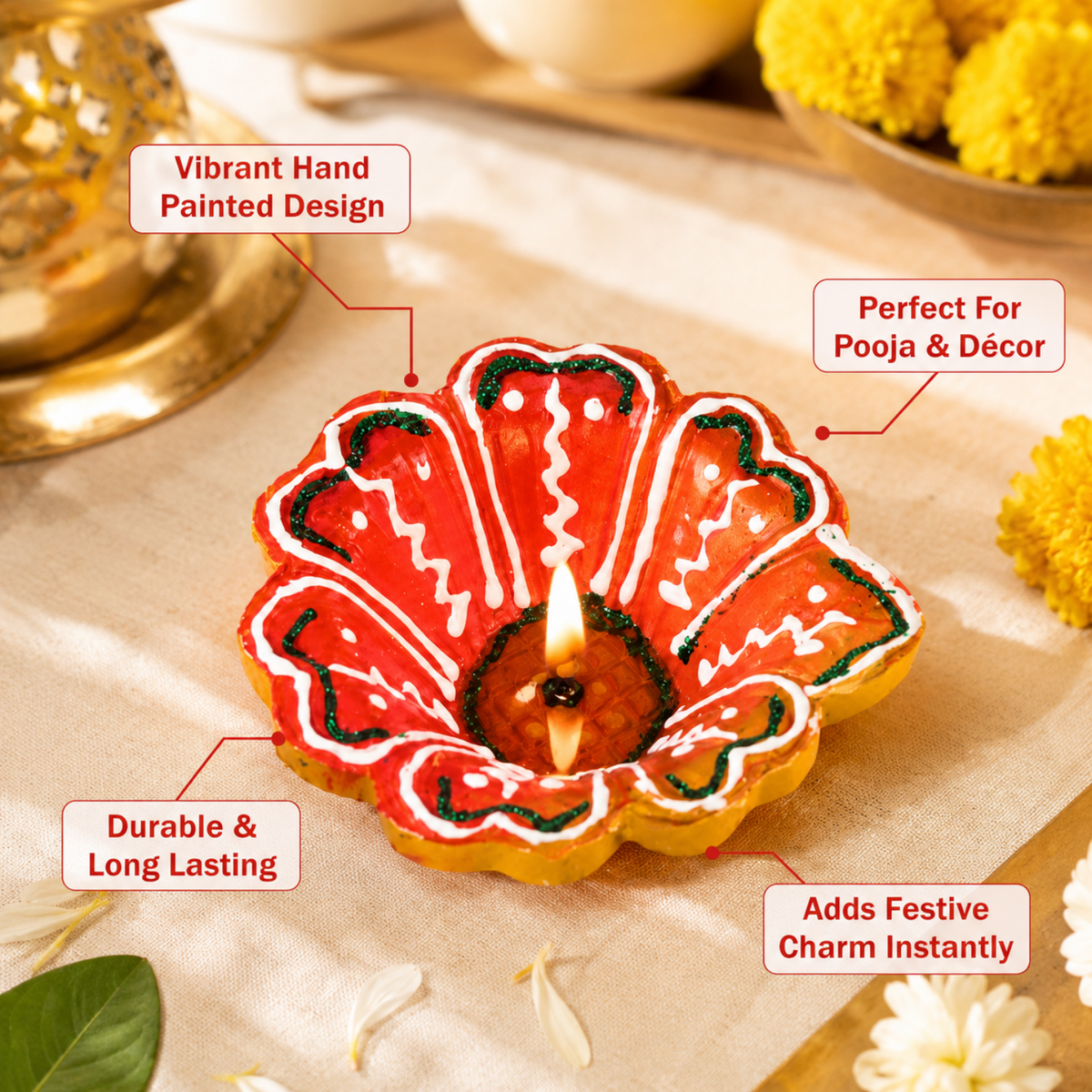 Handcrafted Flower-Shaped Hand-Painted Clay Diyas (Set of 4) – Decorative Colorful Terracotta Oil Lamps for Diwali & Puja