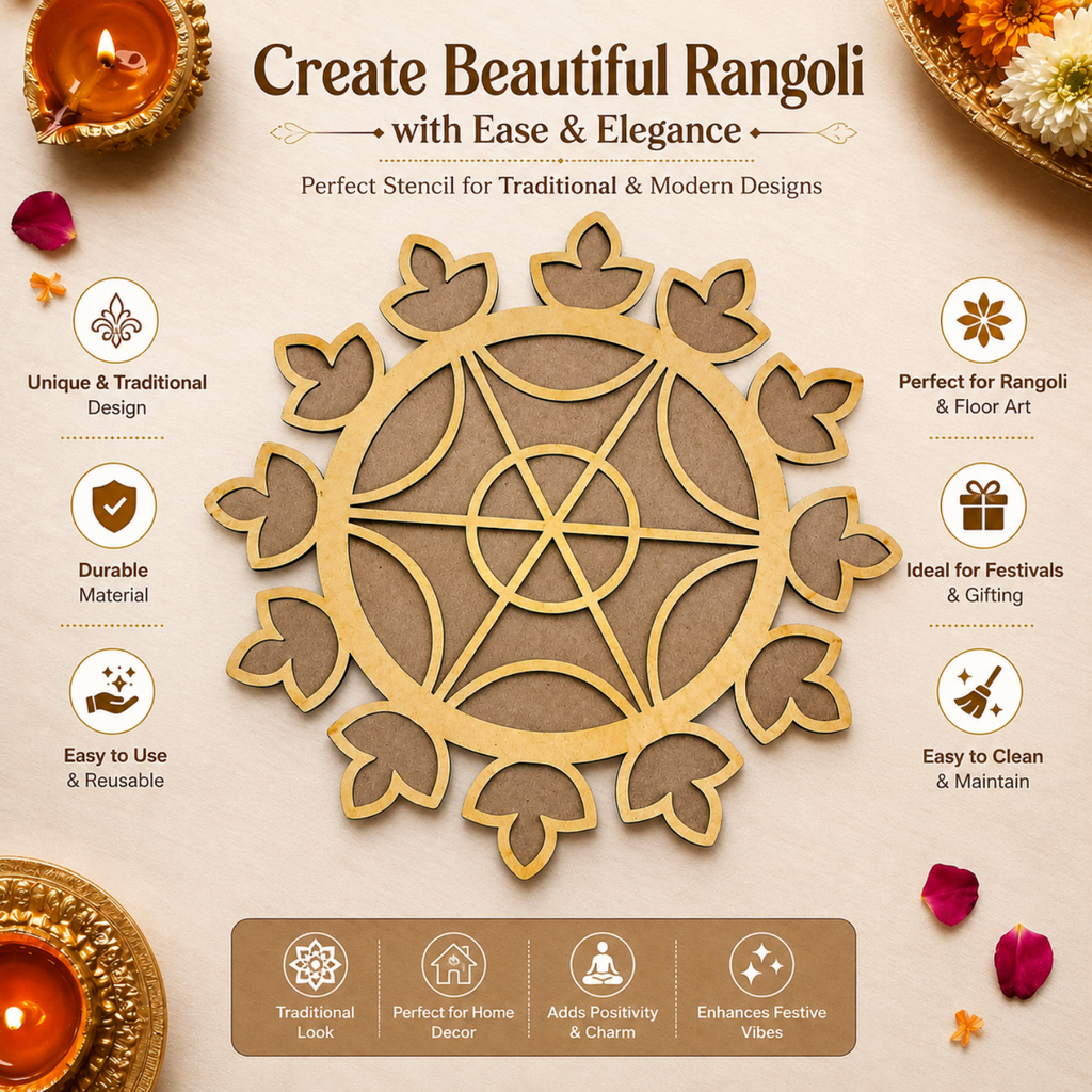 Wooden Rangoli Stencil for Floor Decoration | 30cm Large MDF Mandala Template Board for Diwali, Pooja Mandir, Home Entrance & Festive Craft Art