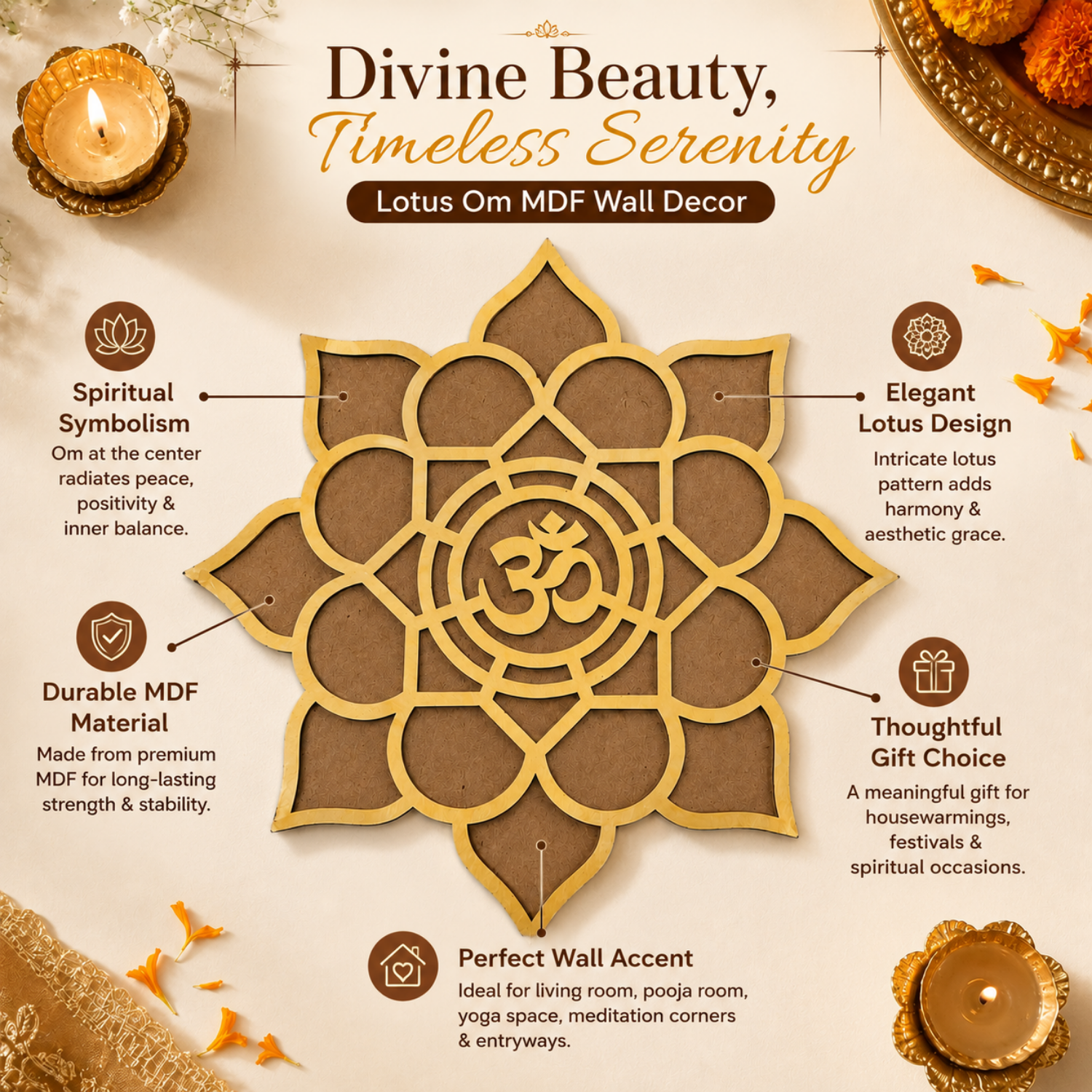 Lotus Om MDF Wall Decor – 20 cm Intricate Spiritual Laser Cut Artwork for Pooja Room, Living Room, Yoga Space & Meditation Decor | DIY Paintable Wooden Hanging Accent for Home & Festival Gifting