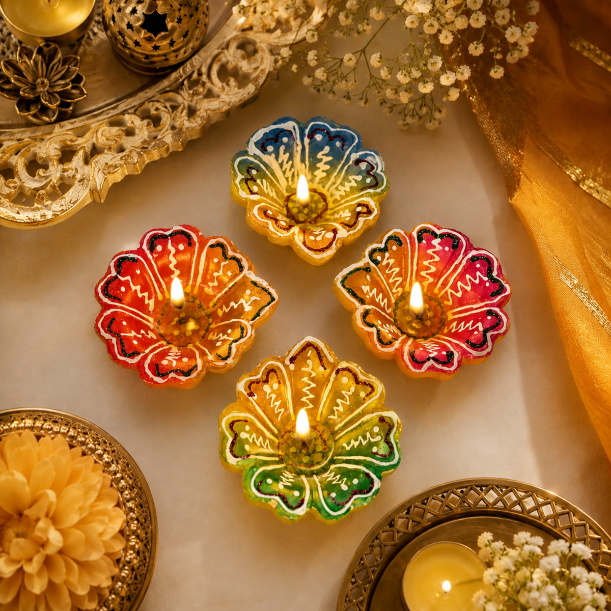 Handcrafted Flower-Shaped Hand-Painted Clay Diyas (Set of 4) – Decorative Colorful Terracotta Oil Lamps for Diwali & Puja