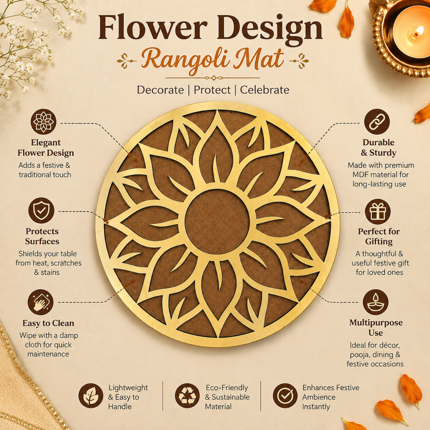 Flower Design Rangoli Mat – 20 cm Round Wooden MDF Decorative Centerpiece for Pooja Room, Dining Table & Festival Gifting | DIY Paintable Protective Surface Accent for Diwali & Home Decor