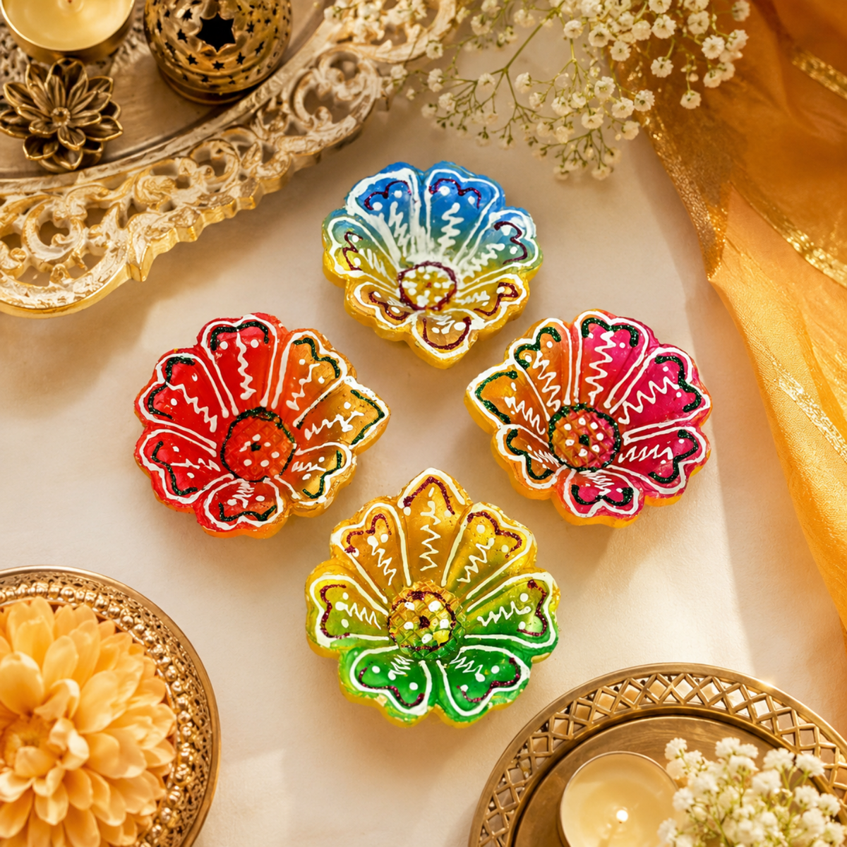 Handcrafted Flower-Shaped Hand-Painted Clay Diyas (Set of 4) – Decorative Colorful Terracotta Oil Lamps for Diwali & Puja