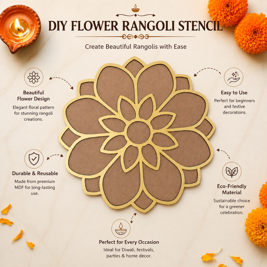 DIY Flower Rangoli Stencil – 30 cm Reusable Wooden MDF Floral Template for Floor & Table Decor | Easy Paintable Festive Art Accent for Diwali, Parties & Home Decoration