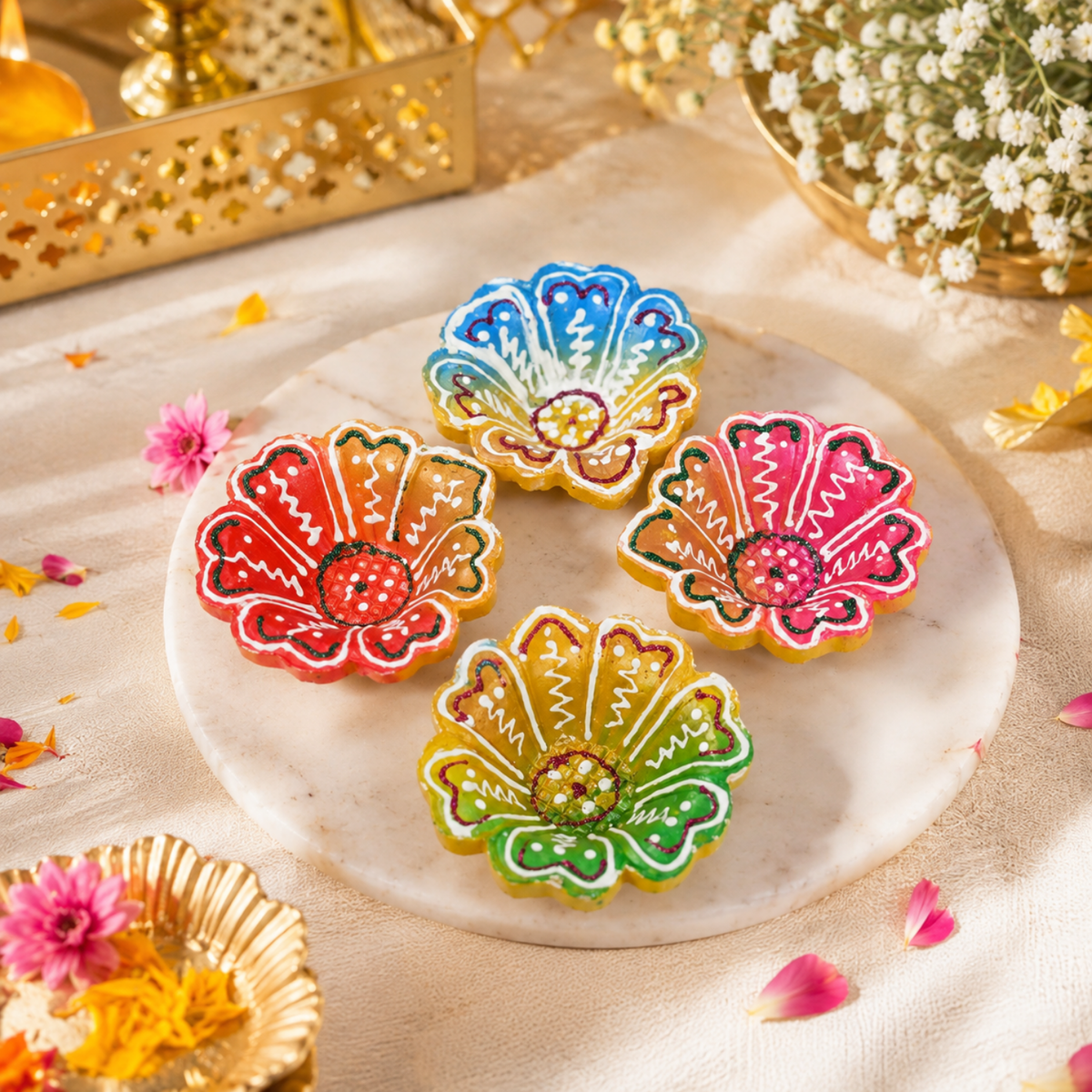 Handcrafted Flower-Shaped Hand-Painted Clay Diyas (Set of 4) – Decorative Colorful Terracotta Oil Lamps for Diwali & Puja