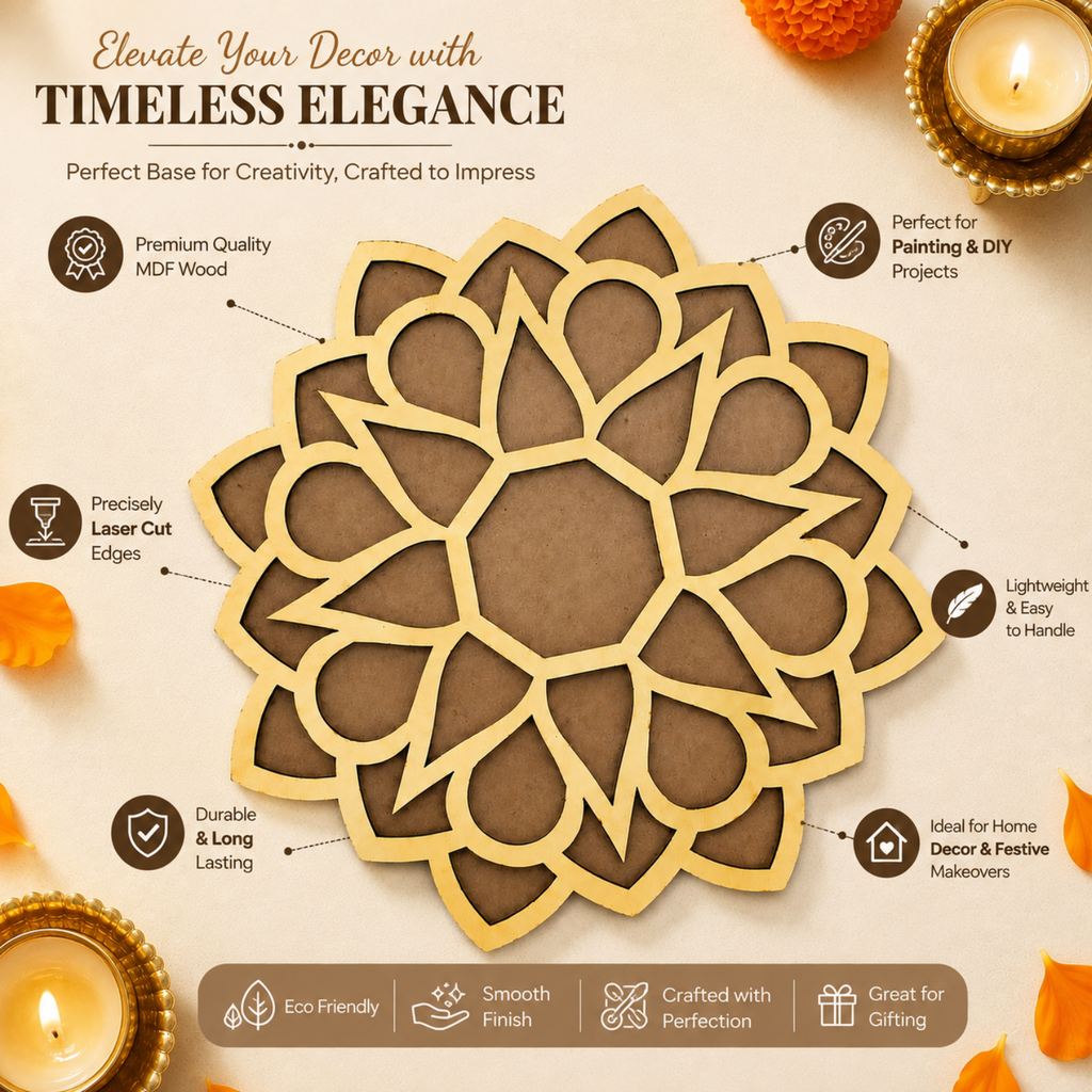 Decorative Mandalas MDF Wood Cutout – 15 cm Laser Cut Round Floral Stencil for Painting & DIY Crafts | Reusable Art Blank for Home Decor, Festive Rangoli & Gifting