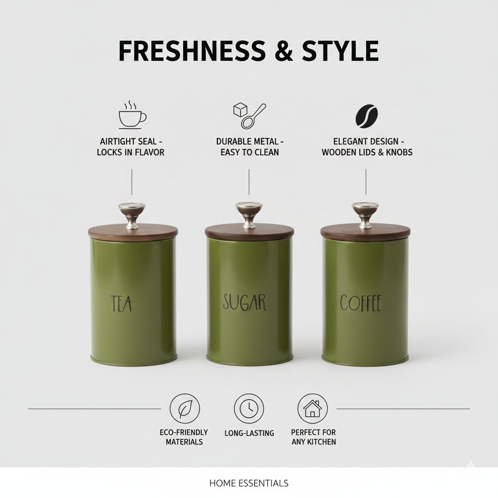 Tea-Suger and Coffee Jar Container Set of 3 For Kitchen ( Green )