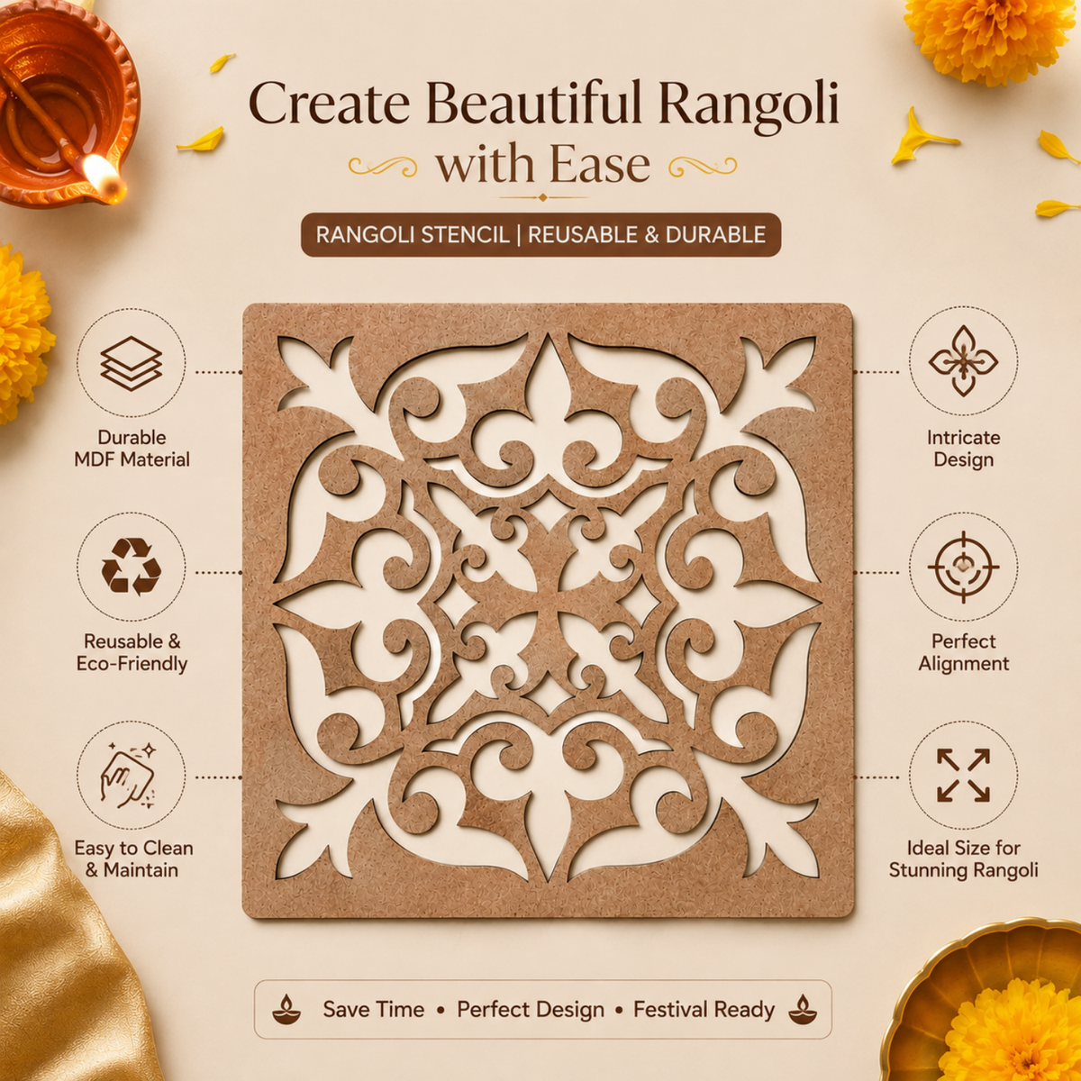 Square Rangoli Stencil – 30 cm Reusable MDF Wooden Cutout Template for Floor Decor & Painting | Intricate Ethnic Design Art Blank for Diwali, Festivals & DIY Home Decoration