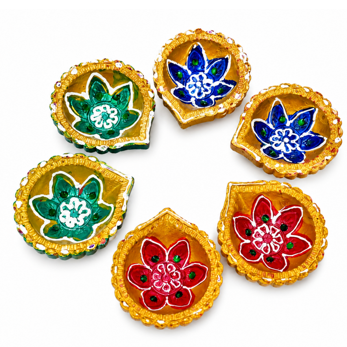 Handcrafted Clay Diyas - Set of 6 Decorative Hand-Painted Terracotta Diya Lamps for Diwali & Pooja Decor (6cm)