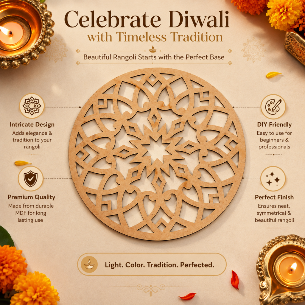 Round Rangoli Stencil – 30 cm Reusable MDF Wooden Cutout Template for Floor Decor & Painting | Intricate Mandala Art Blank for Diwali, Festivals & DIY Home Decoration