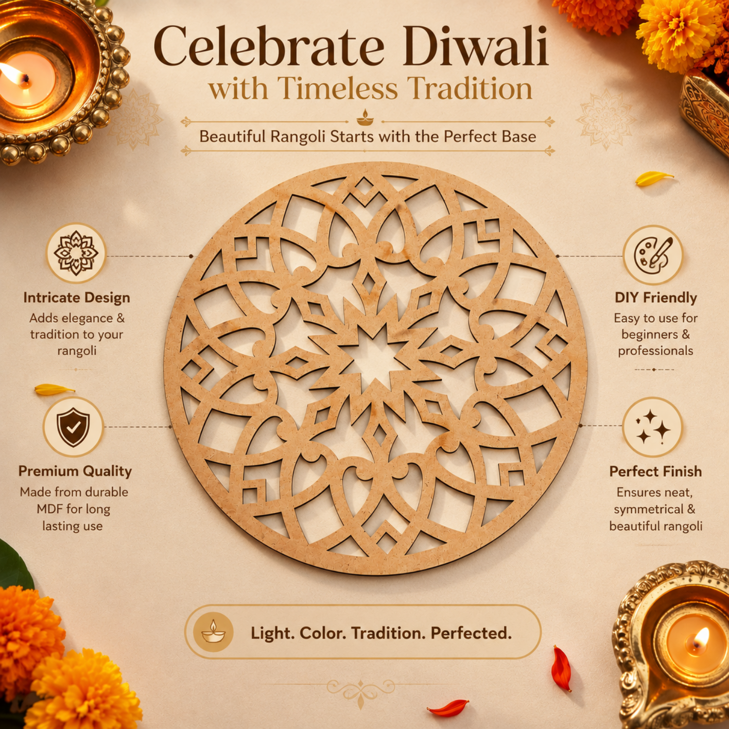 Round Rangoli Stencil – 30 cm Reusable MDF Wooden Cutout Template for Floor Decor & Painting | Intricate Mandala Art Blank for Diwali, Festivals & DIY Home Decoration