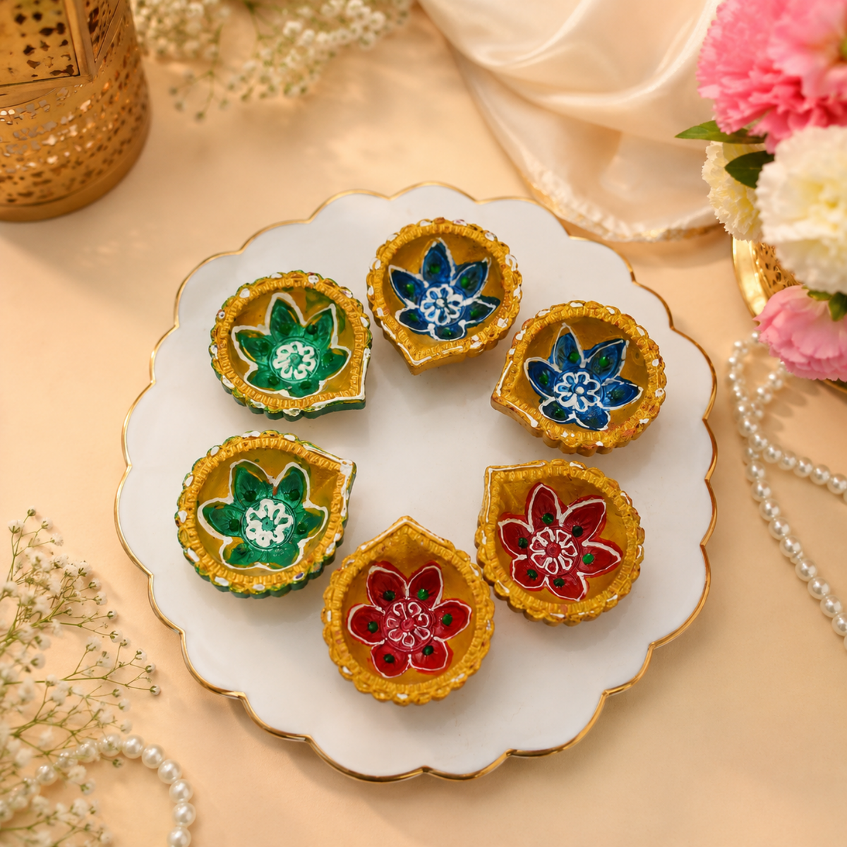 Handcrafted Clay Diyas - Set of 6 Decorative Hand-Painted Terracotta Diya Lamps for Diwali & Pooja Decor (6cm)