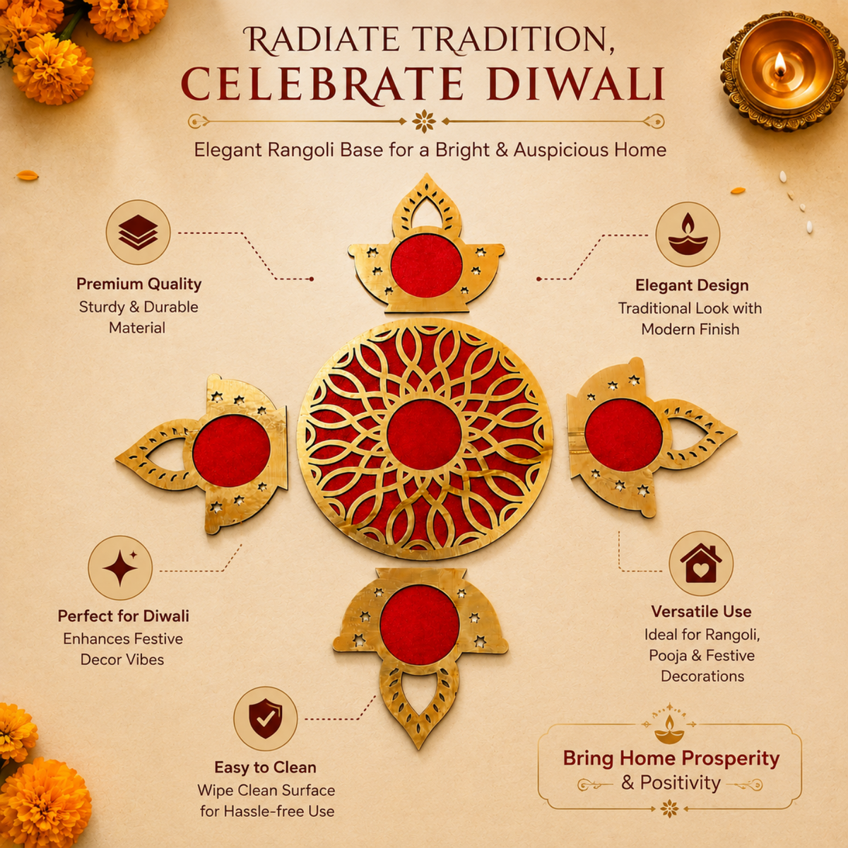 Decorative Rangoli Set with Diya Cutouts – 14 cm Round MDF Wooden Base with Red Velvet Finish for Floor Decor, Pooja & Festivals | DIY Festive Art Accent for Diwali Home Decoration