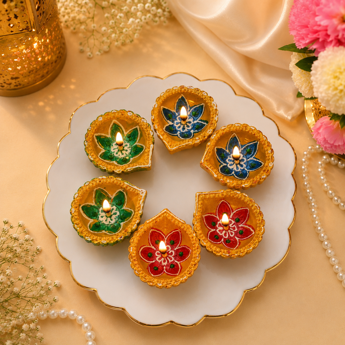 Handcrafted Clay Diyas - Set of 6 Decorative Hand-Painted Terracotta Diya Lamps for Diwali & Pooja Decor (6cm)