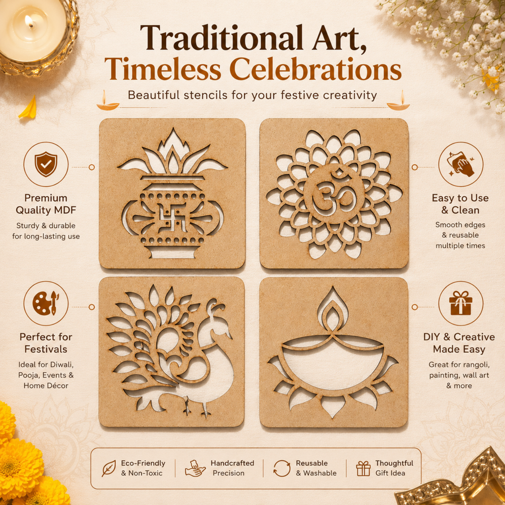 Rangoli Stencils Set of 4 – 9.5 x 9.5 cm Reusable MDF Wooden Cutout Templates for Floor Decor, Painting & Pooja | Traditional Mandala, Peacock, Diya & Kalash Designs for Diwali