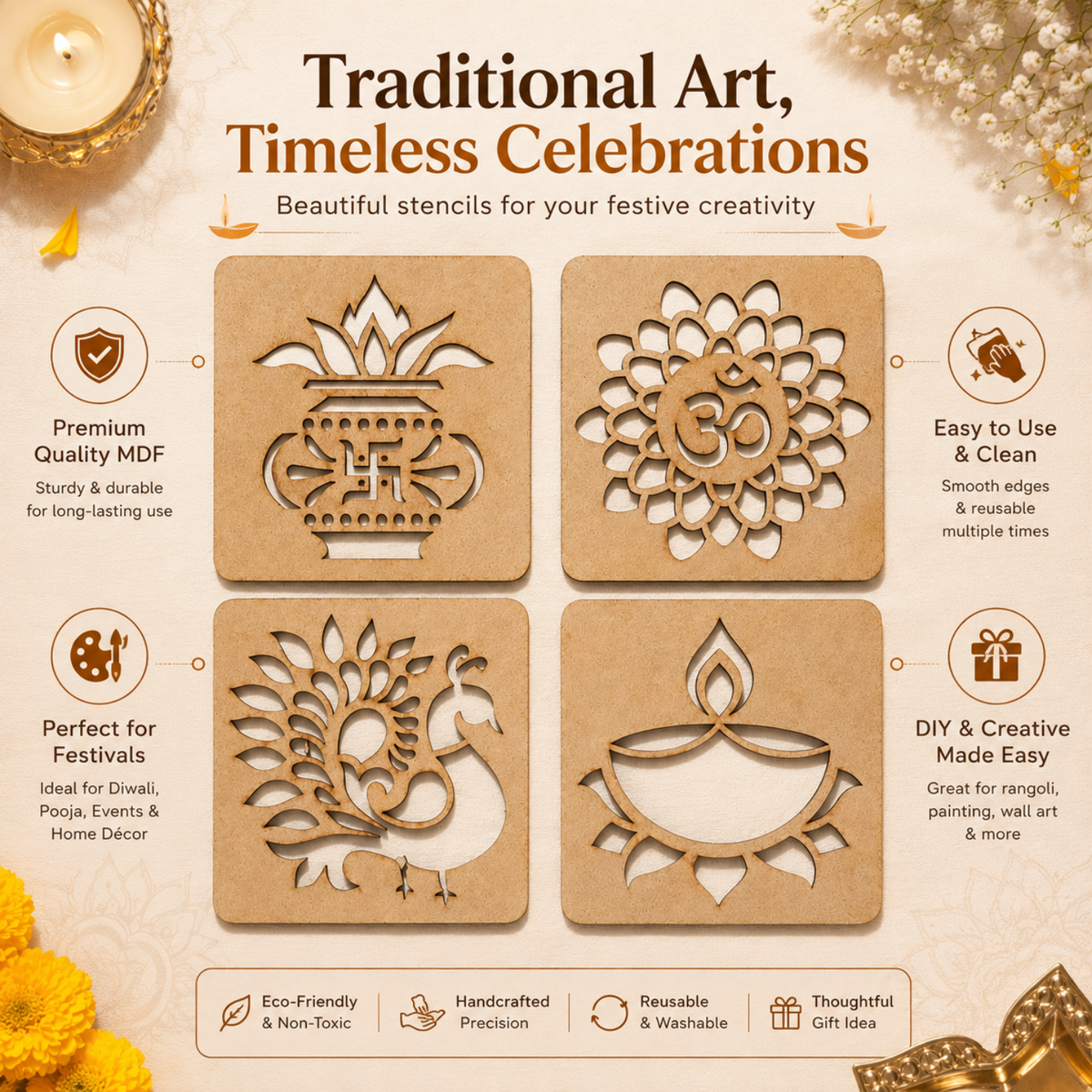 Rangoli Stencils Set of 4 – 9.5 x 9.5 cm Reusable MDF Wooden Cutout Templates for Floor Decor, Painting & Pooja | Traditional Mandala, Peacock, Diya & Kalash Designs for Diwali