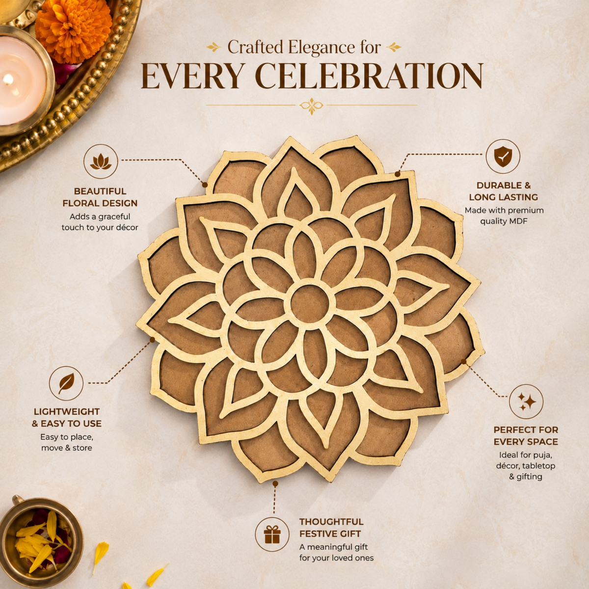 Lotus Rangoli Stencil – 30 cm Round MDF Wooden Cutout Template for Floor Decor, Painting & DIY Craft | Intricate Mandala Art Blank for Diwali, Pooja & Festive Home Decoration