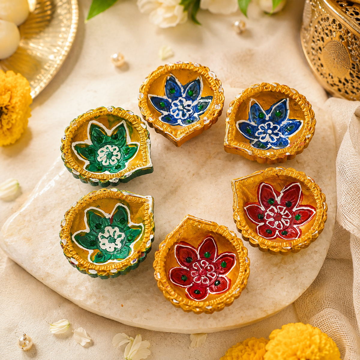 Handcrafted Clay Diyas - Set of 6 Decorative Hand-Painted Terracotta Diya Lamps for Diwali & Pooja Decor (6cm)
