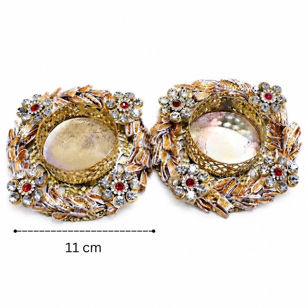 Decorative Tealight Candle Holder Set for Home Decor – Handcrafted Metal Diya Stand with Stone Embellishments for Diwali, Pooja, and Festive Gifting (Set of 2, 11 cm)