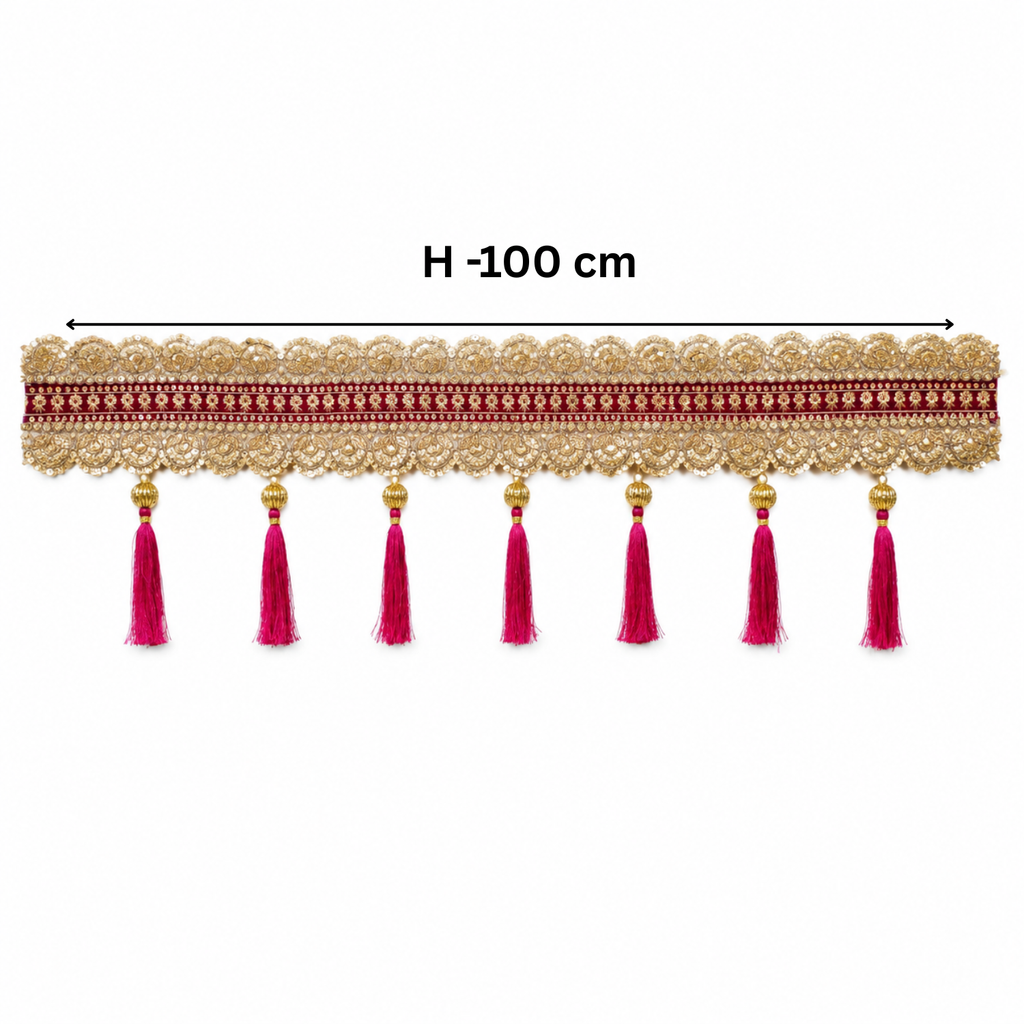 Handmade Decorative Toran for Home Entrance – 100 cm Embroidered Door Hanging with Tassels, Ethnic Traditional Wall Decor for Festivals, Weddings, and Pooja Room (Maroon & Gold)