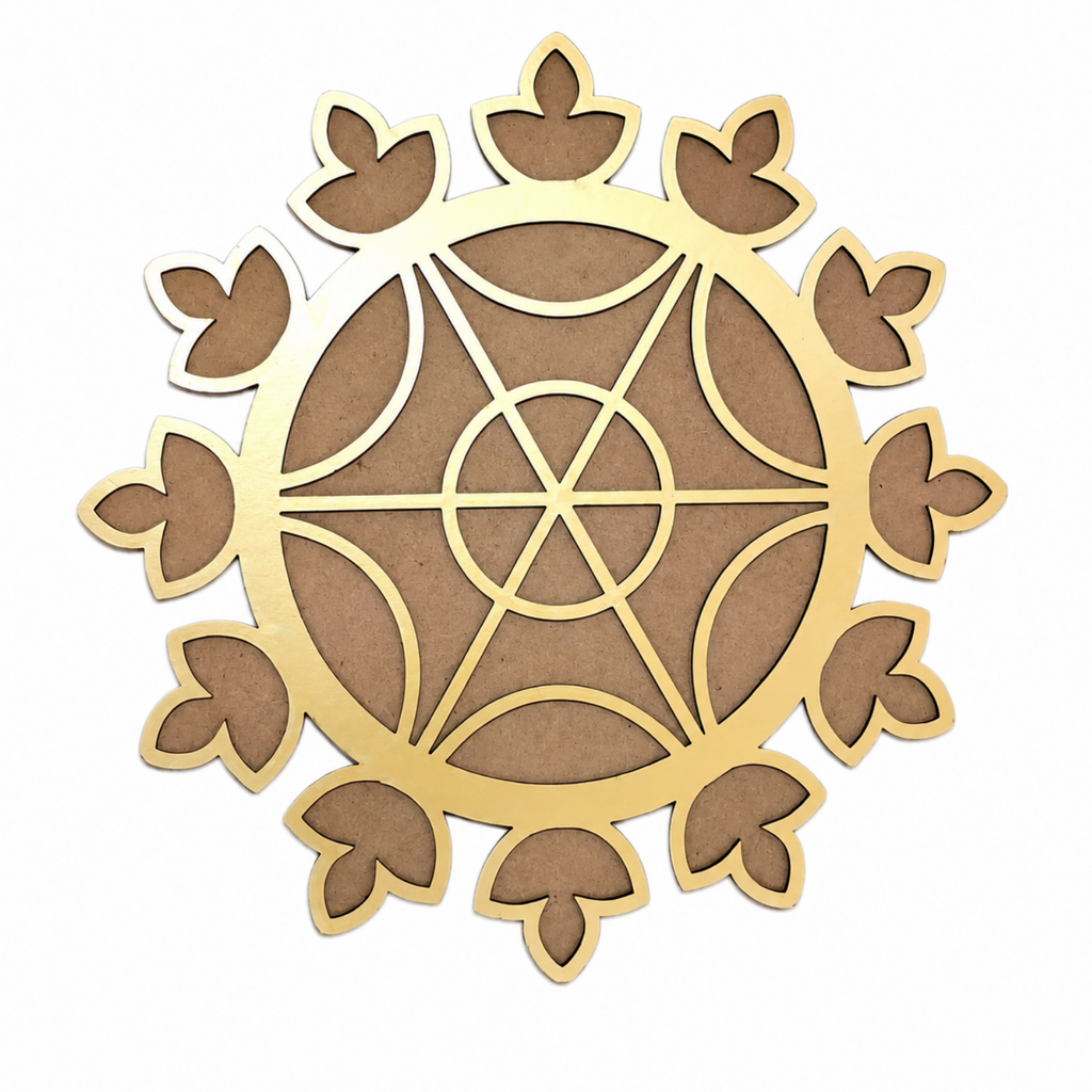 Wooden Rangoli Cutout for Floor Decoration | 20cm Gold Finish MDF Mandala Stencil Template for Diwali, Pooja Mandir, Home Entrance & Festive Craft Art