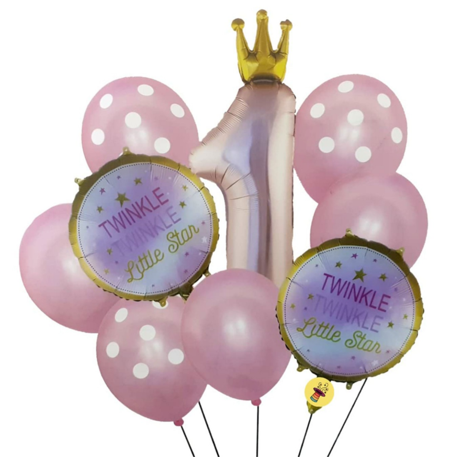 Pink 1st Birthday Balloon Set with Crown Number 1 Foil Balloon – Twinkle Twinkle Little Star Theme Party Supplies for Girls (Pack of 10) 1