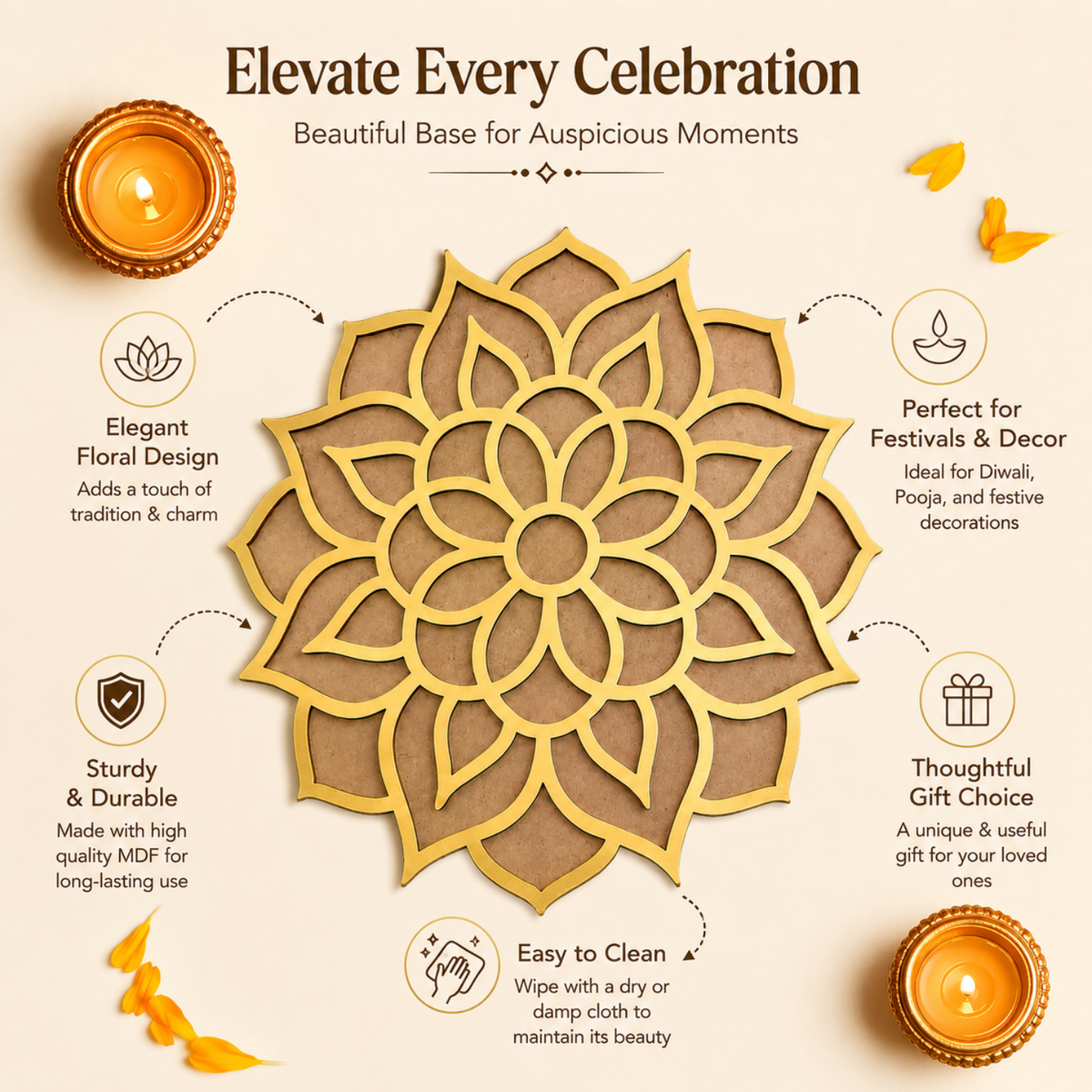Lotus Rangoli Stencil – 14 cm Round MDF Wooden Cutout Template for Floor Decor, Painting & DIY Craft | Intricate Mandala Art Blank for Diwali, Pooja & Festive Home Decoration