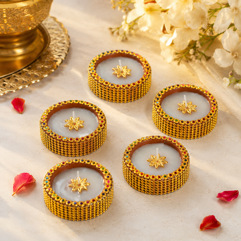 Handcrafted Designer Terracotta Wax Diyas with Stone & Bead Work for Diwali (Set of 6)