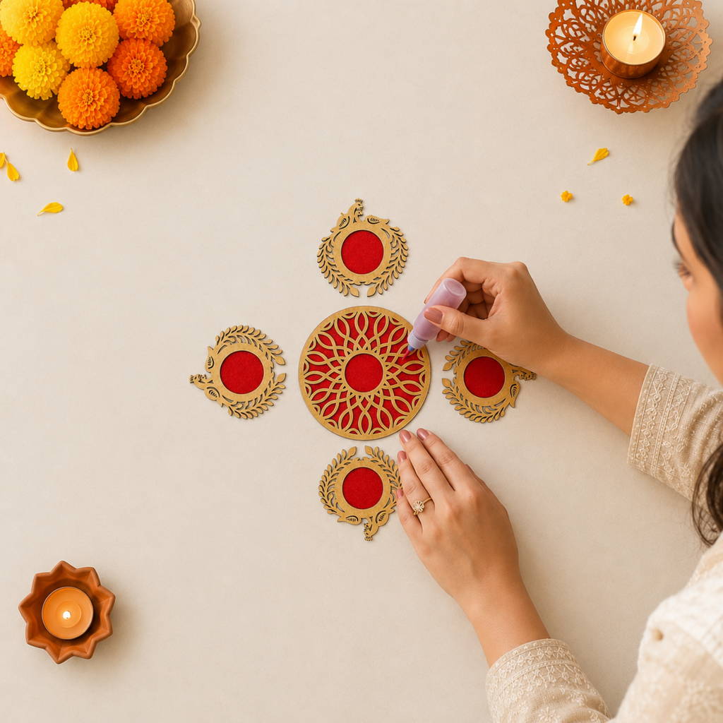 Wooden Rangoli Set for Home Decor | Traditional Akhand Diwa/Pooja Mandir Decoration Item | Festive Diwali & Housewarming Gift | Red & Gold Floor Decal Accents