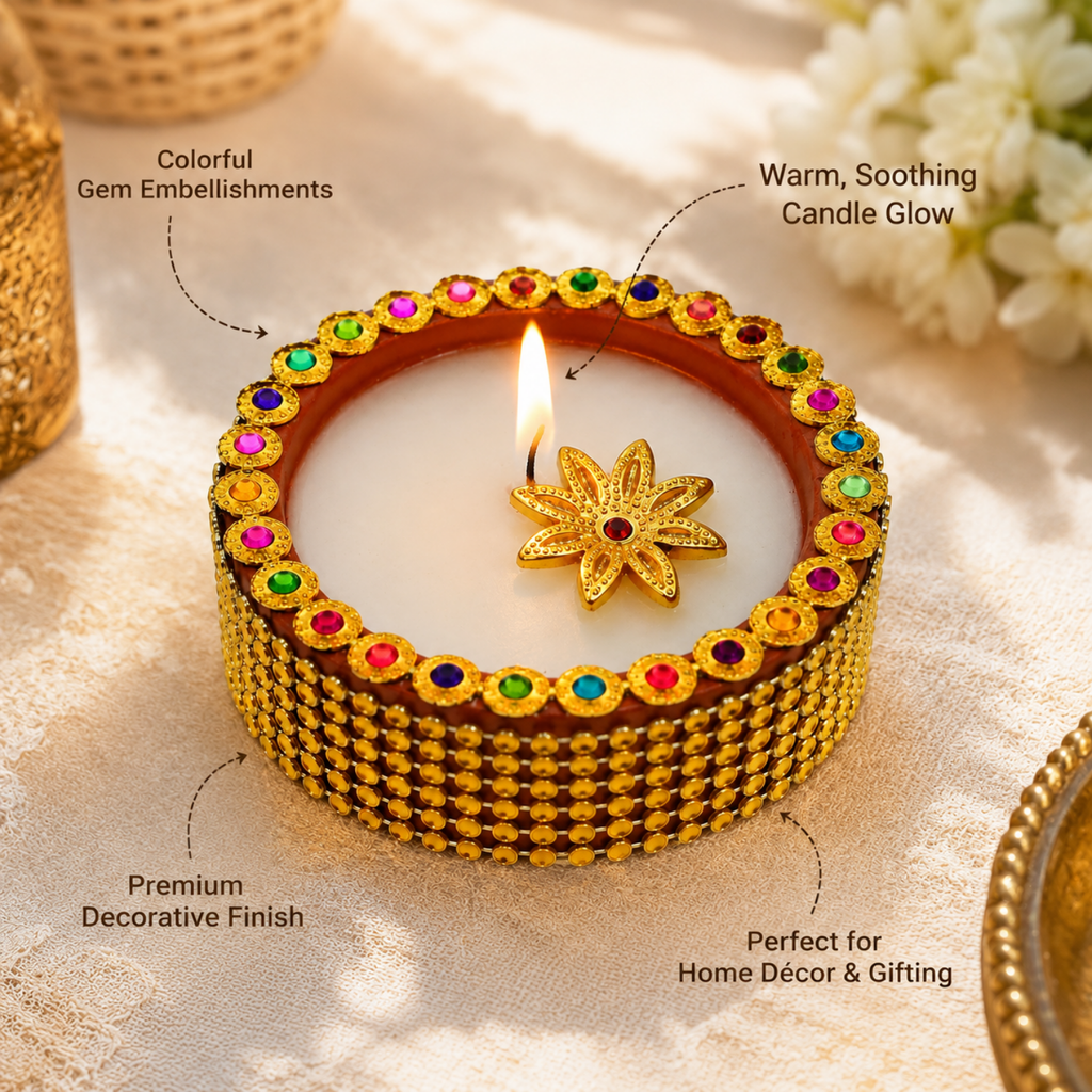 Handcrafted Designer Terracotta Wax Diyas with Stone & Bead Work for Diwali (Set of 6)