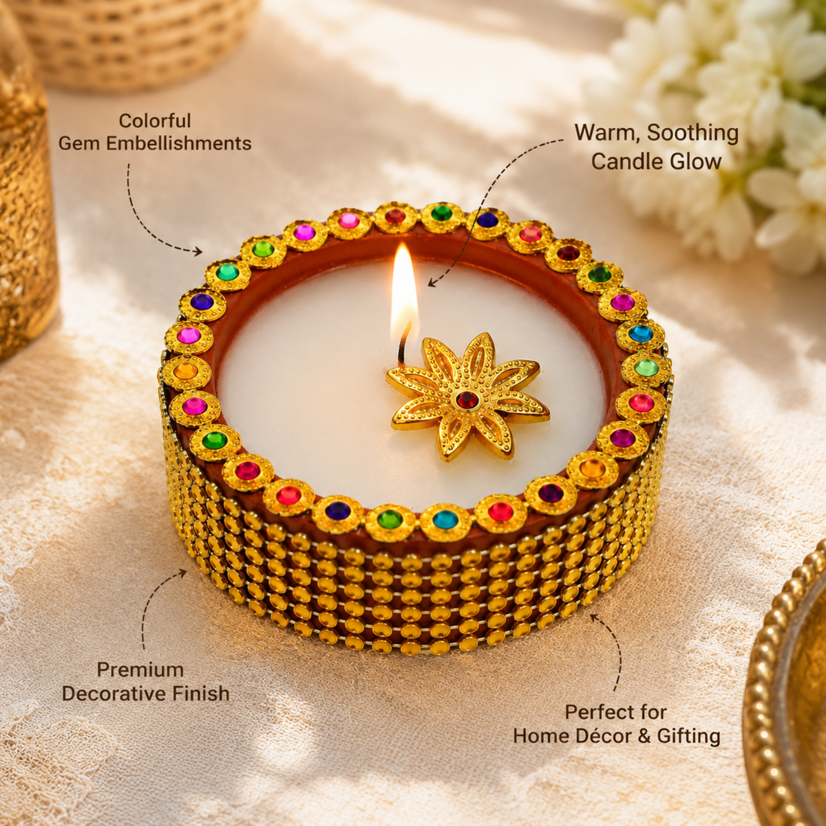Handcrafted Designer Terracotta Wax Diyas with Stone & Bead Work for Diwali (Set of 6)