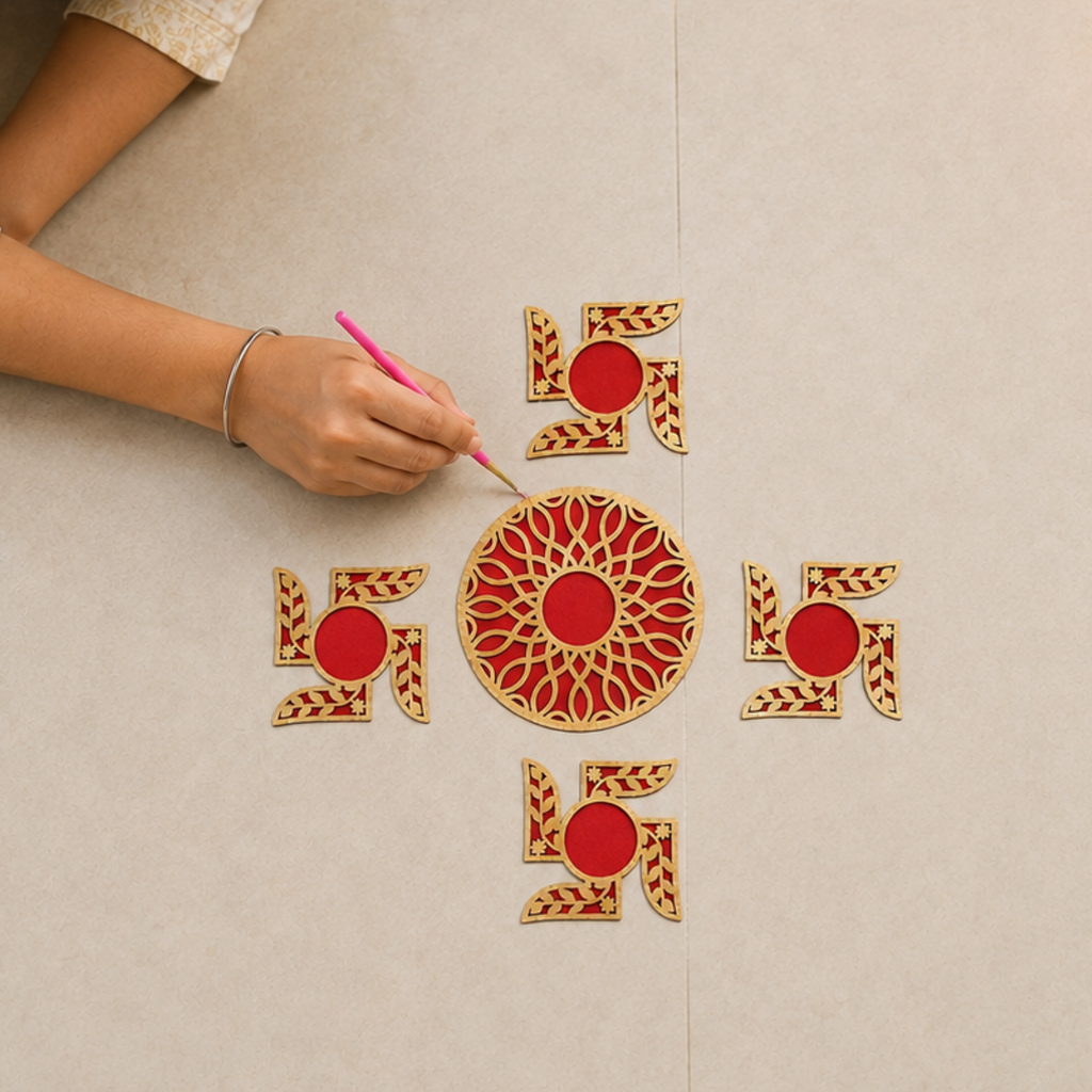 Wooden Swastik Rangoli Set for Home Decor | Traditional Akhand Diya & Pooja Mandir Decoration Items | Festive Diwali & Housewarming Gift | Red & Gold Floor Accent