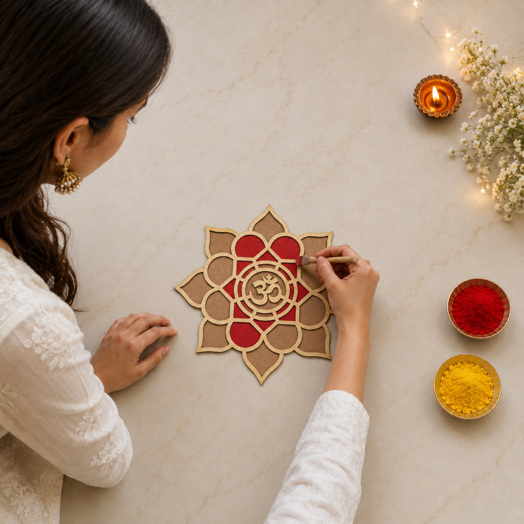 Lotus Om MDF Wall Decor – 20 cm Intricate Spiritual Laser Cut Artwork for Pooja Room, Living Room, Yoga Space & Meditation Decor | DIY Paintable Wooden Hanging Accent for Home & Festival Gifting