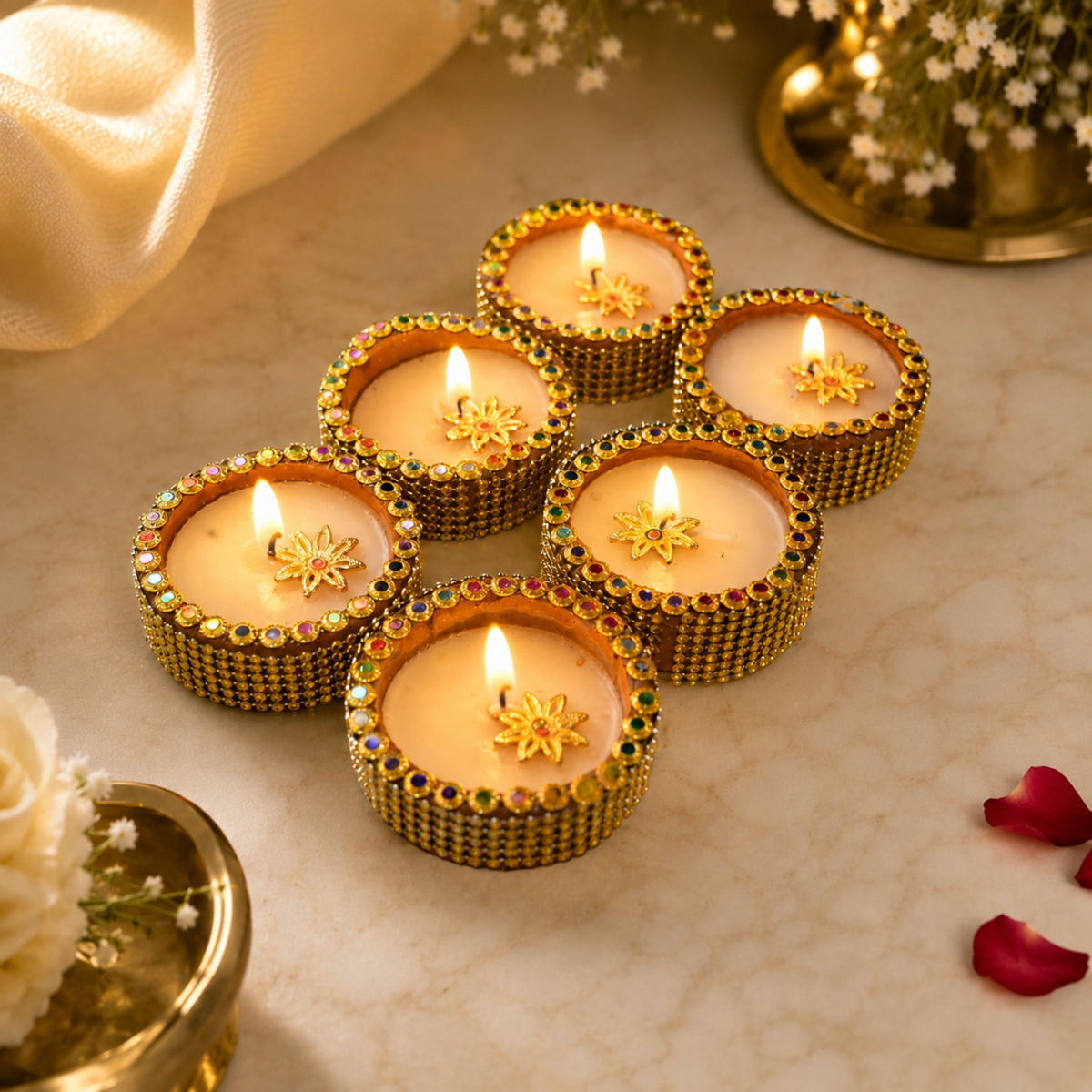 Handcrafted Designer Terracotta Wax Diyas with Stone & Bead Work for Diwali (Set of 6)