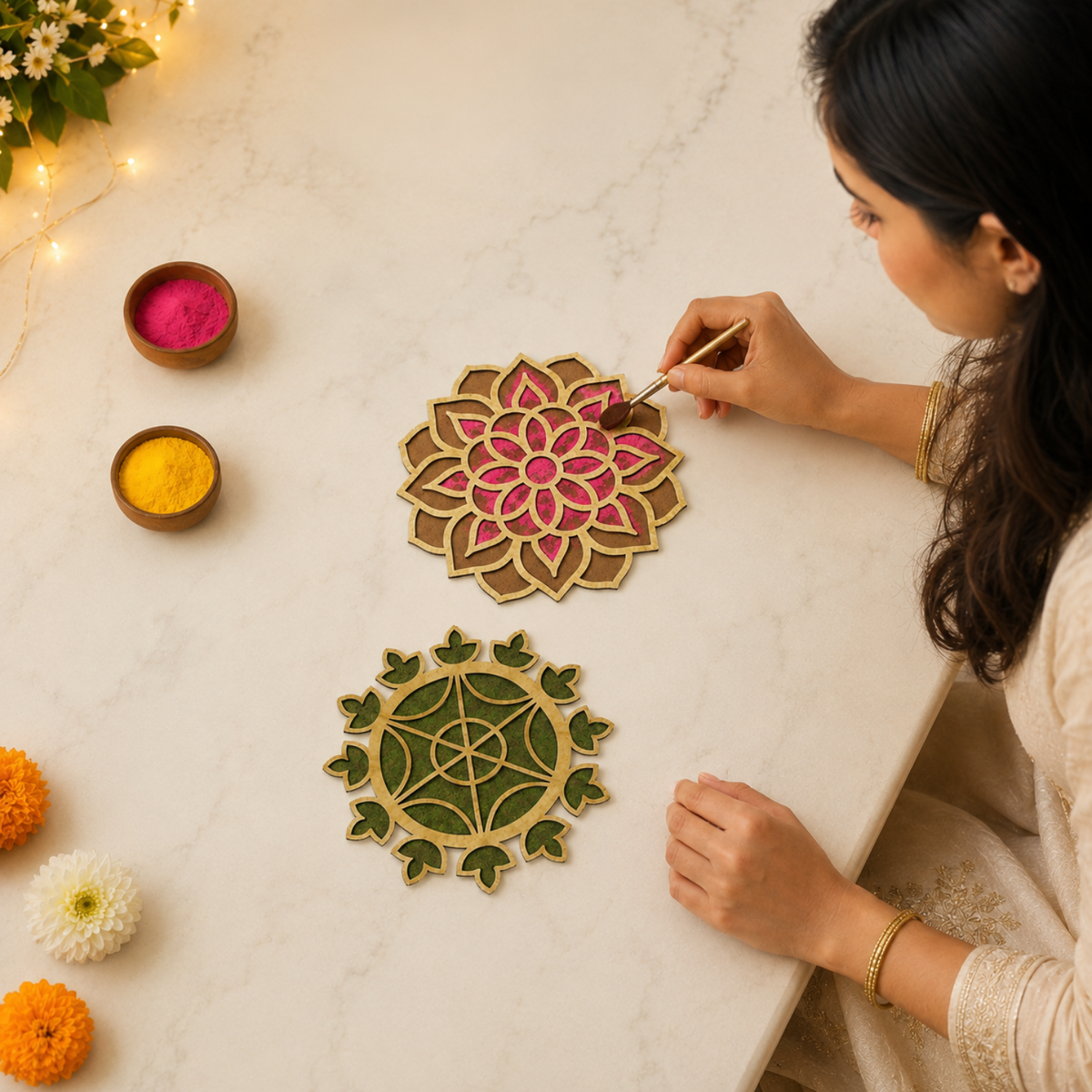 Wooden Lotus Mandala Rangoli Base Cutout for DIY Painting & Diwali Home Decor – 15cm Reusable MDF Stencil Board for Pooja Mandir, Festive Craft Art & Entrance Decoration (Pack of 2)