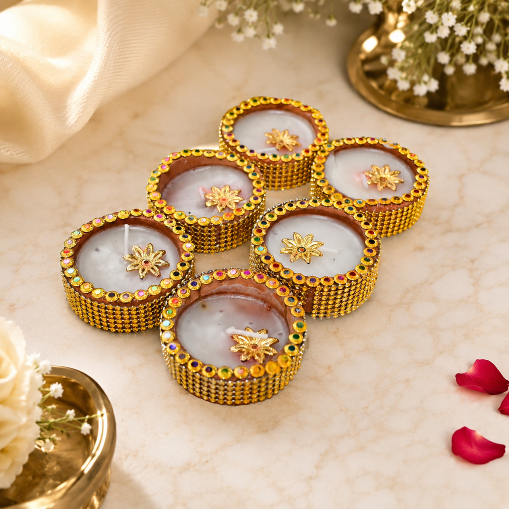 Handcrafted Designer Terracotta Wax Diyas with Stone & Bead Work for Diwali (Set of 6)