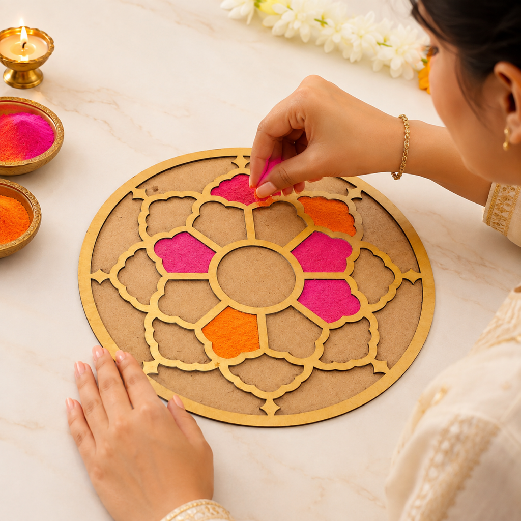 Wooden Rangoli Stencil for Floor Decoration | 15cm Round MDF Mandala Template for Diwali, Pooja Mandir & Festivals | Reusable DIY Colour Fill Art Board for Home Entrance