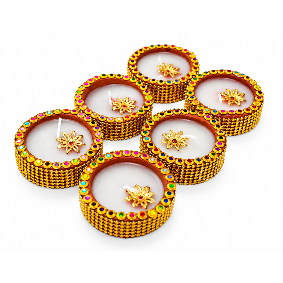 Handcrafted Designer Terracotta Wax Diyas with Stone & Bead Work for Diwali (Set of 6)