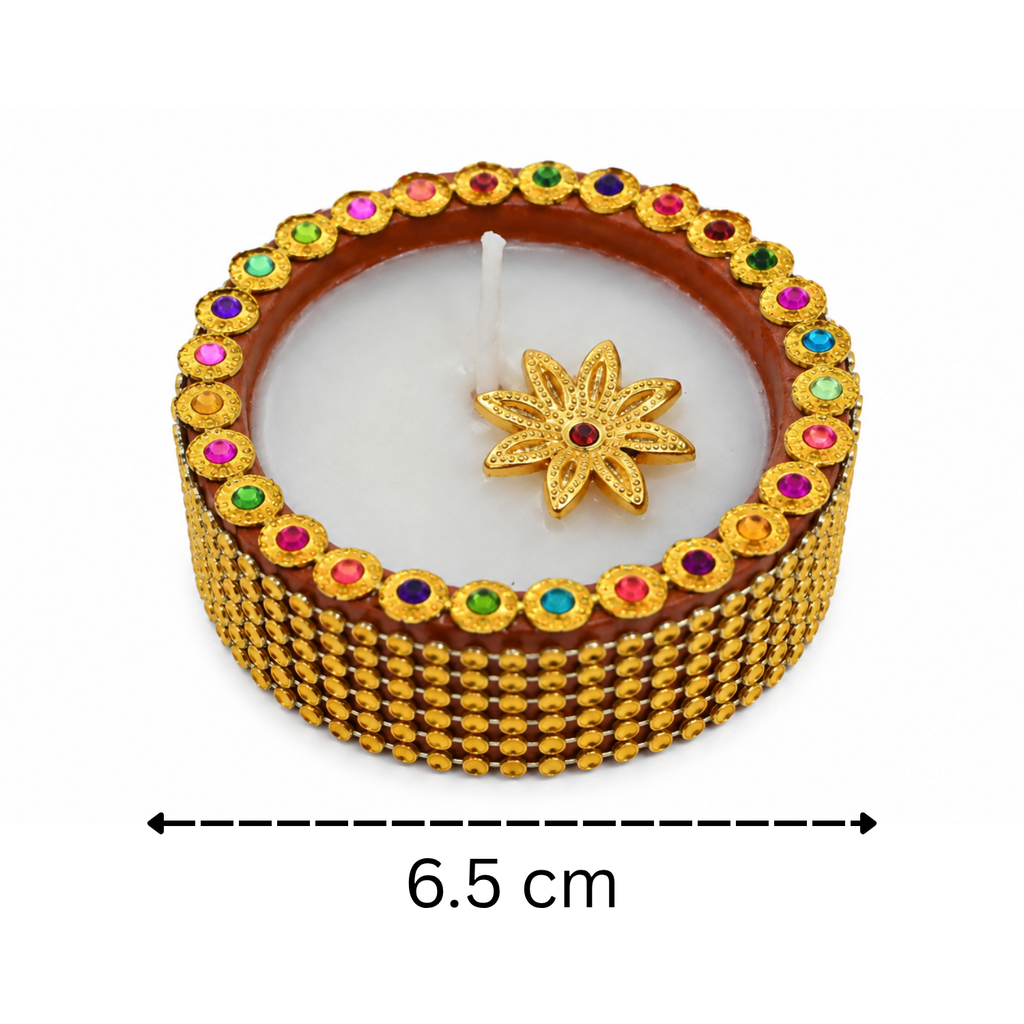 Handcrafted Designer Terracotta Wax Diyas with Stone & Bead Work for Diwali (Set of 6)