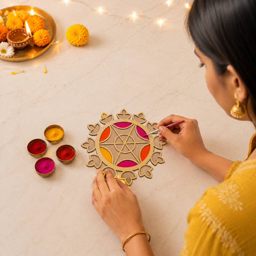 Wooden Rangoli Cutout for Floor Decoration | 20cm Gold Finish MDF Mandala Stencil Template for Diwali, Pooja Mandir, Home Entrance & Festive Craft Art