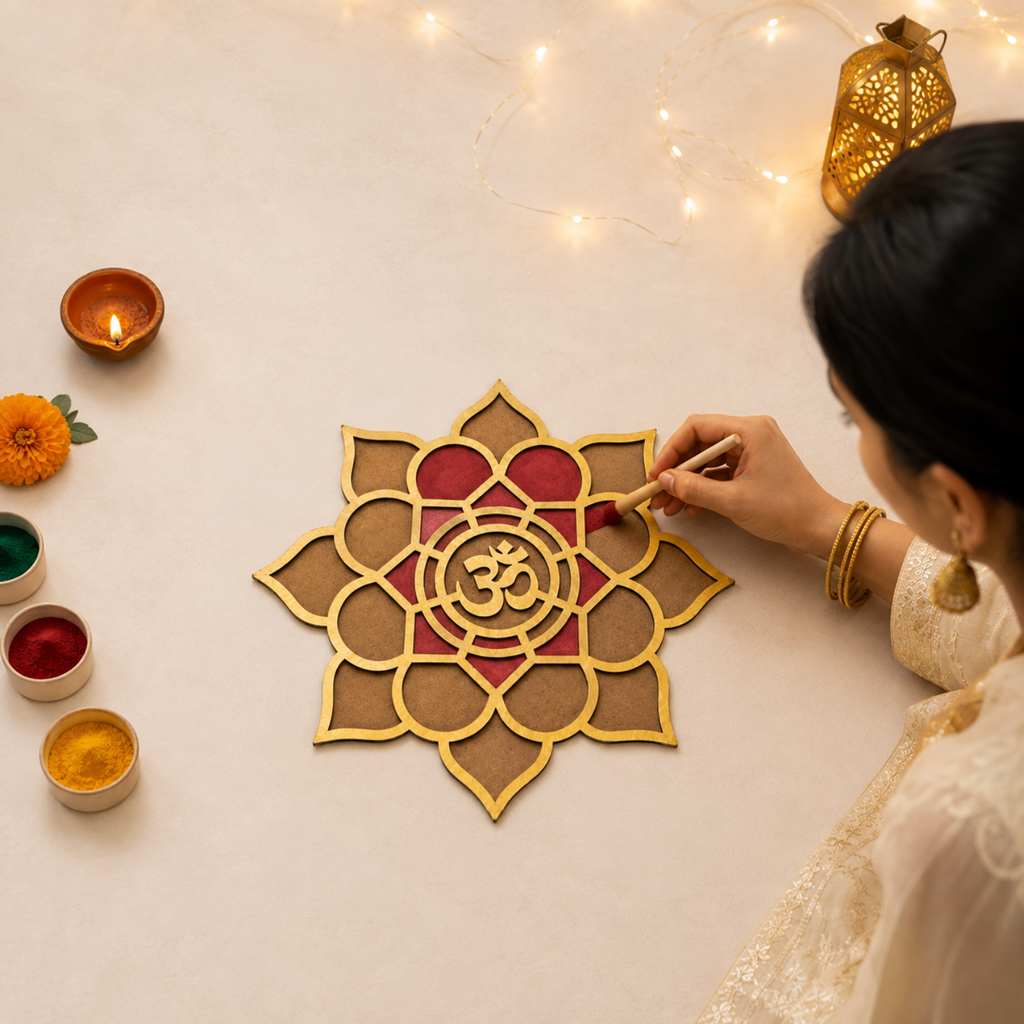 Wooden OM Lotus Wall Art for Home Decor | Sacred Geometry Spiritual Pooja Mandir Decoration Item | Festive Diwali & Meditation Room Accent | Eco-Friendly MDF Hanging Sign