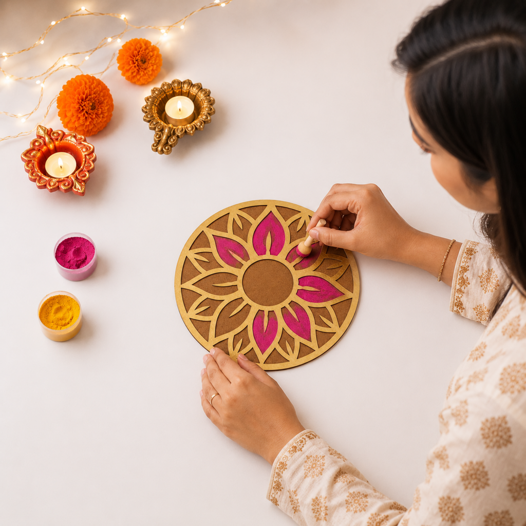 Flower Design Rangoli Mat – 20 cm Round Wooden MDF Decorative Centerpiece for Pooja Room, Dining Table & Festival Gifting | DIY Paintable Protective Surface Accent for Diwali & Home Decor