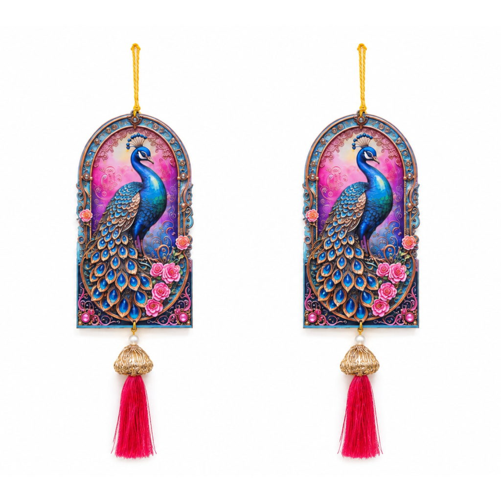 Ethnic Peacock Door Hanging – 28 cm Traditional Signage for Entrance, Living Room & Festive Home Decor, Washable & Long Lasting (Set of 2, Multicolour)