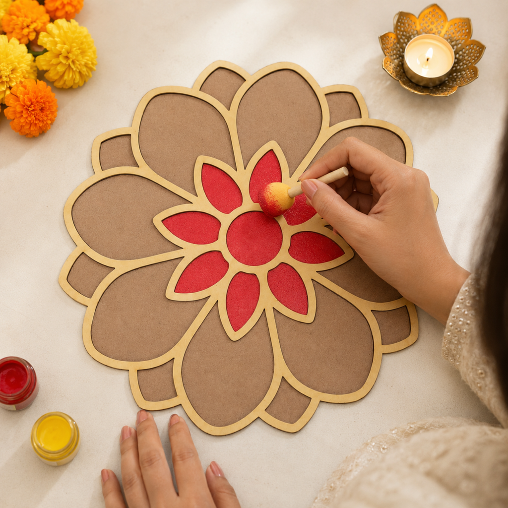 DIY Flower Rangoli Stencil – 30 cm Reusable Wooden MDF Floral Template for Floor & Table Decor | Easy Paintable Festive Art Accent for Diwali, Parties & Home Decoration