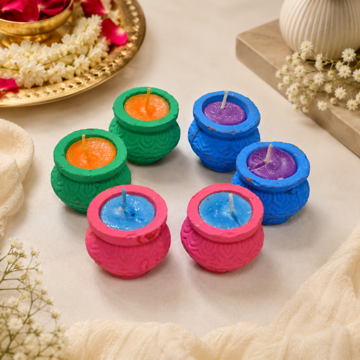 Handcrafted Clay Matki Wax Diya Candle Set for Diwali & Home Decor (Set of 6, Multicolor)