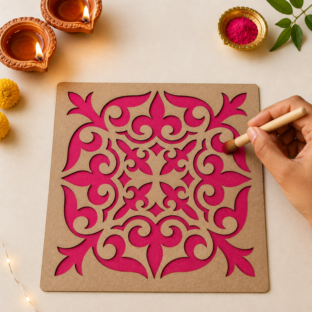 Square Rangoli Stencil – 30 cm Reusable MDF Wooden Cutout Template for Floor Decor & Painting | Intricate Ethnic Design Art Blank for Diwali, Festivals & DIY Home Decoration